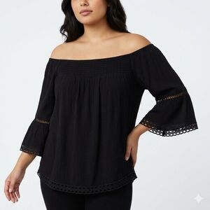 Love & Legend‎ Black Off-Shoulder Peasant Blouse Crochet Lace Trim Romantic Goth